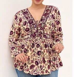 Torrid Floral Embroidered Lace Up Boho Peplum Blouse Cream Purple Plus Size 3